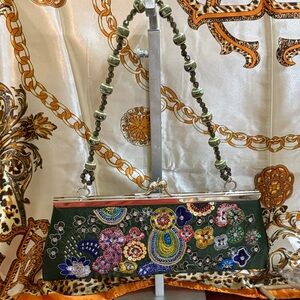Floral Embroidered Clutch with Beaded Strap